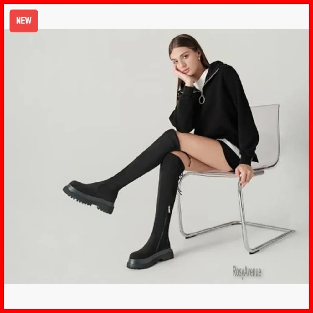 Thigh High Boots Chunky Sole Platform Stretch Faux Suede Over Knee